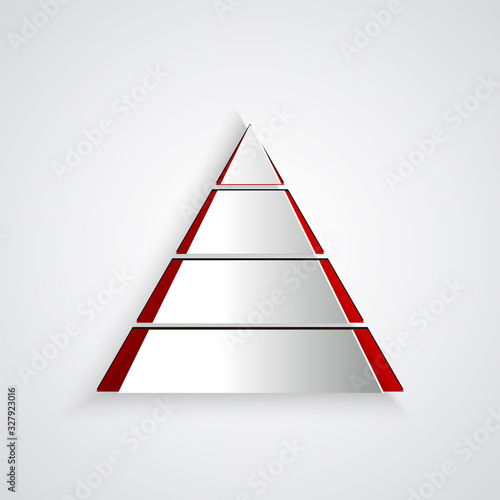 Paper cut Business pyramid chart infographics icon isolated on grey background. Pyramidal stages graph elements. Paper art style. Vector Illustration