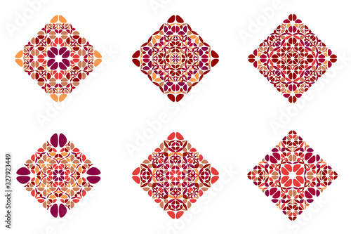 Isolated flower diagonal square symbol set - geometric ornamental squared colorful vector illustrations with curved shapes