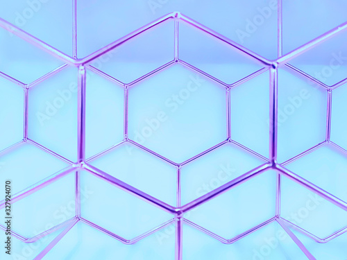 Geometric pattern of hexagons made of metal in purple on a blue background. Concept background, abstraction