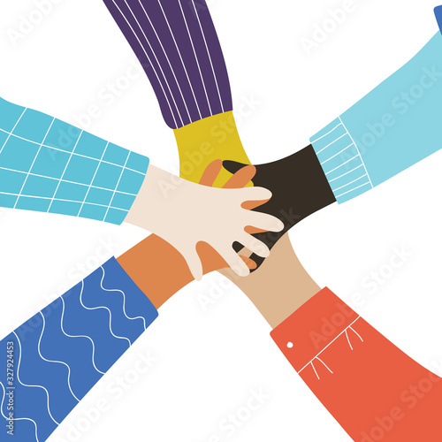 Vector cartoon illustration of people gathering hands