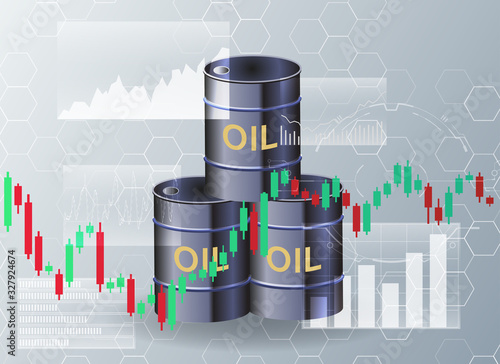 Oil barrels and stock charts.
