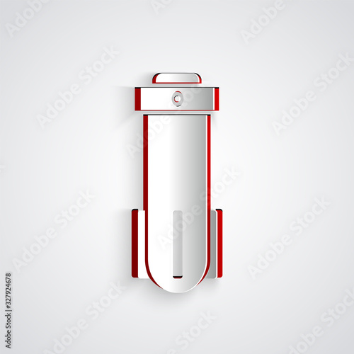 Paper cut Water filter icon isolated on grey background. System for filtration of water. Reverse osmosis system. Paper art style. Vector Illustration