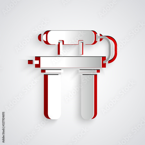 Paper cut Water filter icon isolated on grey background. System for filtration of water. Reverse osmosis system. Paper art style. Vector Illustration