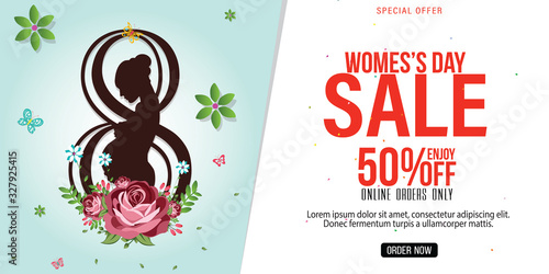 Women's day sale poster for Mother's day holiday shop seasonal discount offer. Pregnant lady or girl for Vector international Women's Day on 8 March design