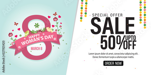 Women's day sale poster for Mother's day holiday shop seasonal discount offer. Vector International Women's Day on 8 March design template.