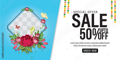 Flowers frame template. Vector illustration. holiday shop seasonal discount offer.