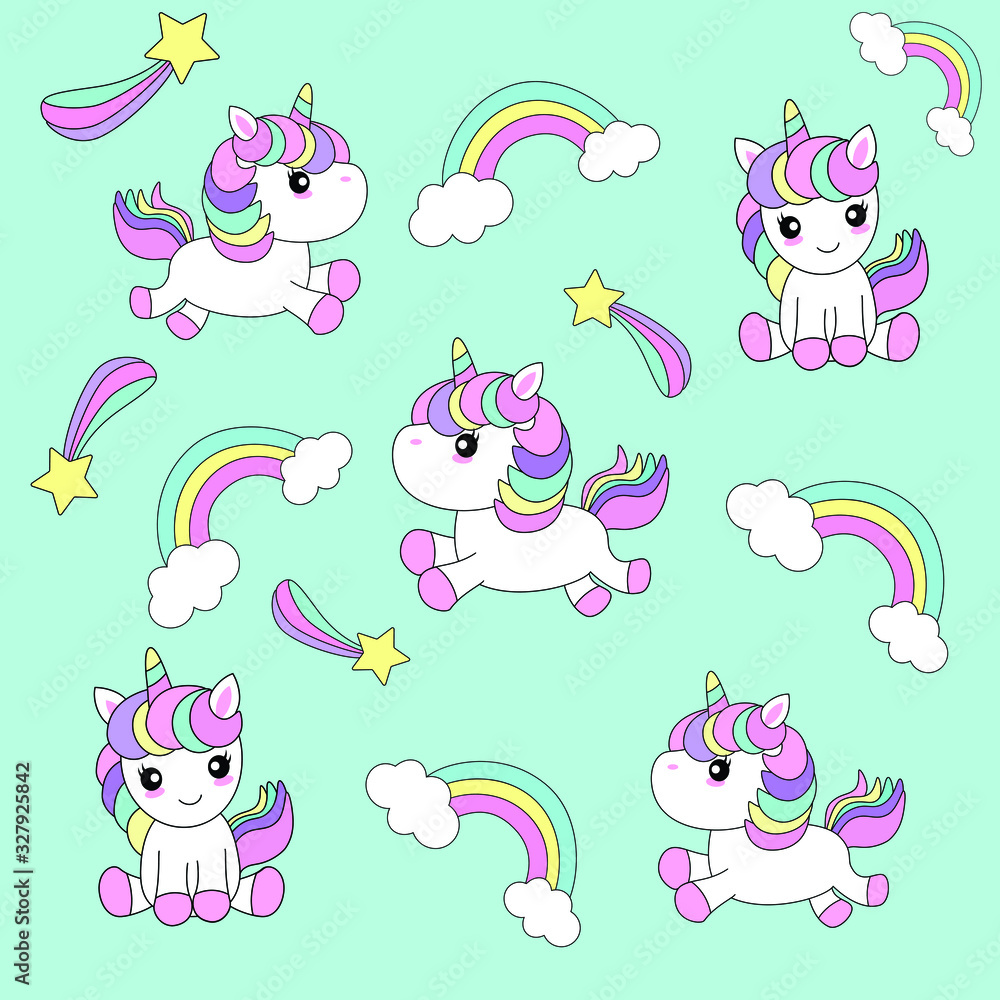 Unicorn pattern with pastel blue background. Kids cute happy cartoon with baby unicorn, rainbow, stars for baby clothes, nursery art, sticker, print, pop art. Kawai fantasy animal. Vector illustration
