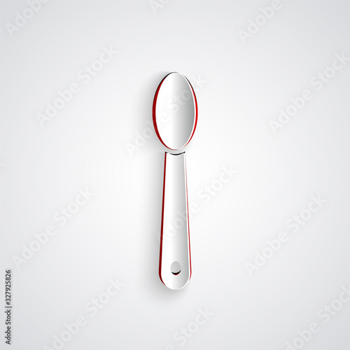 Paper cut Heroin in a spoon icon isolated on grey background. Concept of drug addiction and dependence from the narcotic. Junkie lifestyle. Paper art style. Vector Illustration