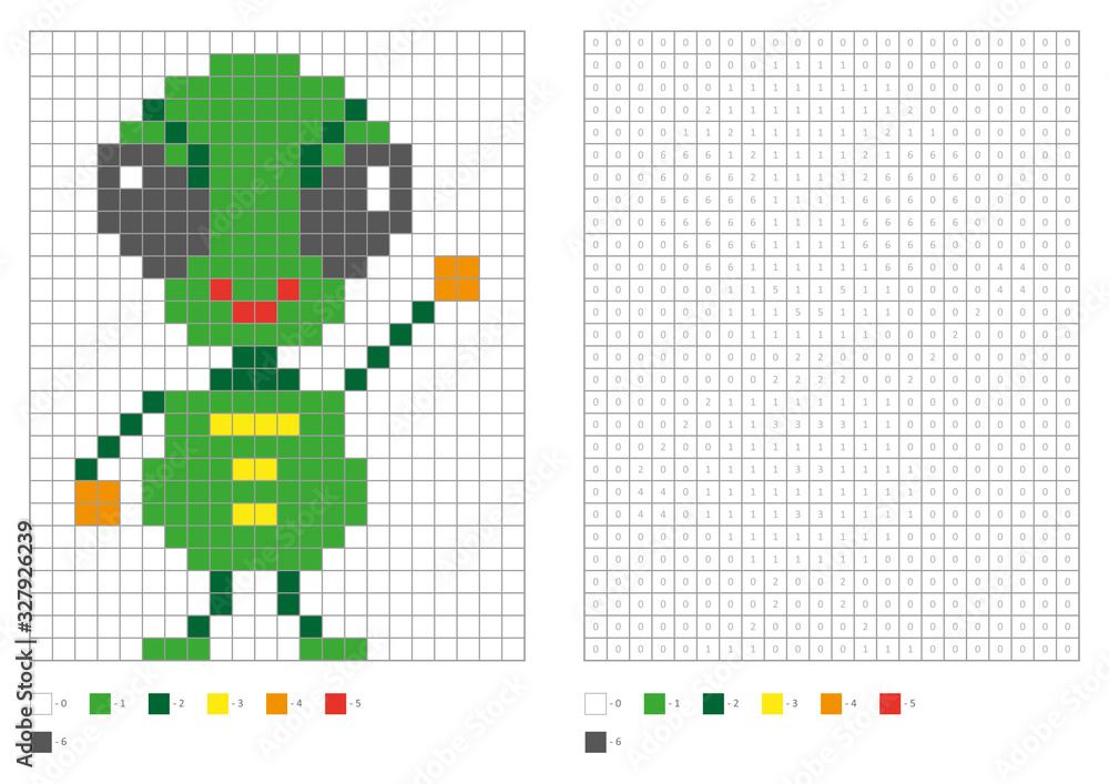 Fototapeta premium Kids coloring page, pixel coloring green fun alien. Vector illustration