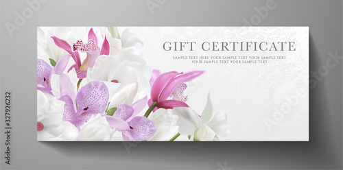 Gift certificate, voucher design for VIP invite. White background with orchid, magnolia flowers bouquet. Vector template useful for wedding card, anniversary invitation, 8 March greeting