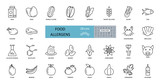 Food allergens icon. Vector set of 28 icons with editable stroke. The collection contains most allergenic products, such as gluten, fish, eggs, shellfish, peanuts, lupine, soy, celery, milk, tree nuts