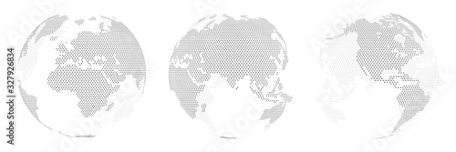 A set of three options for different locations of the globe, built from points. Isolated. Planet earth, abstract round map.