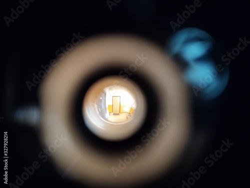 View to the hall through peephole eyelet in the door. Slovakia