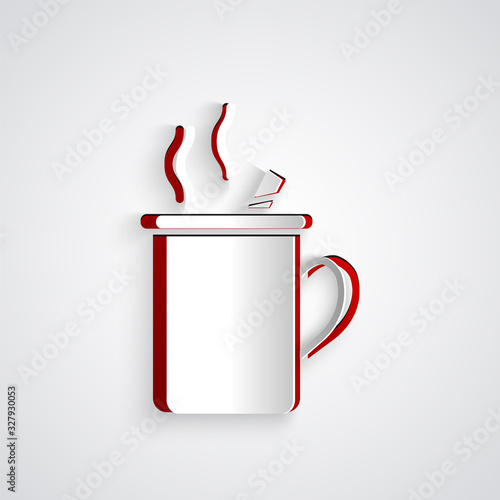 Paper cut Mulled wine with glass of drink and ingredients icon isolated on grey background. Cinnamon stick, clove, lemon slice. Paper art style. Vector Illustration