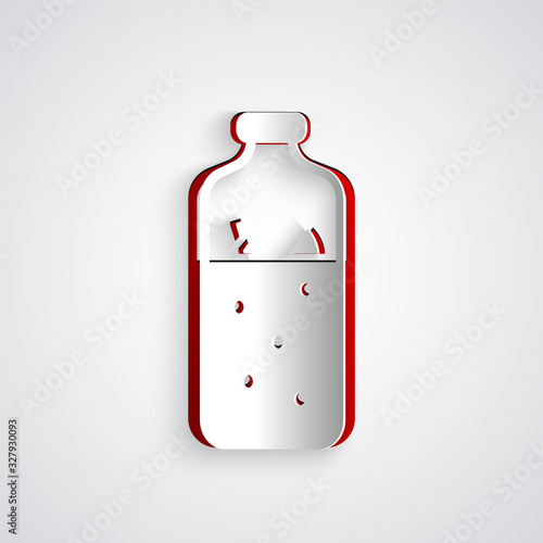 Paper cut Mulled wine with ingredients icon isolated on grey background. Cinnamon stick, clove, lemon slice. Paper art style. Vector Illustration