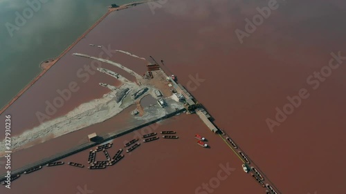 Aerial view. Panoramic aerial view of Las Salinas, famous place pink lake. Coastline of Torrevieja city and Mediterranean Sea. Costa Blanca. Province of Alicante. Spain.