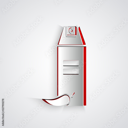 Paper cut Pepper spray icon isolated on grey background. OC gas. Capsicum self defense aerosol. Paper art style. Vector Illustration