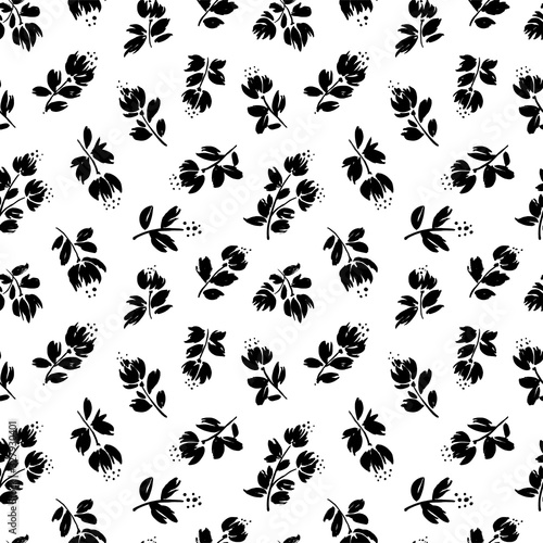 Blossom floral vector seamless pattern. Blooming botanical motifs background. Hand drawn ink brush illustration.