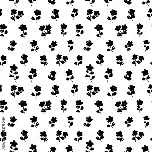 Floral vector seamless pattern with daisies. Hand drawn grunge pattern with silhouette flowers.