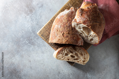 Homemade loaf of freshly backed sourdough bread.