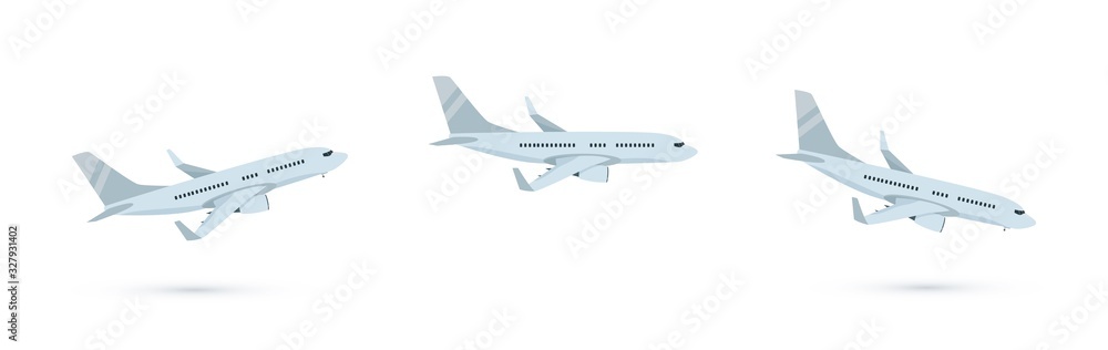Vector set of cartoon illustration of passenger airplane isolated on white  background. Taking off, flying and landing commercial airplane. Airline  concept, travel passenger Jet for design. Side view. Stock Vector | Adobe