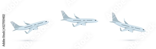 Vector set of cartoon illustration of passenger airplane isolated on white background. Taking off, flying and landing commercial airplane. Airline concept, travel passenger Jet for design. Side view.