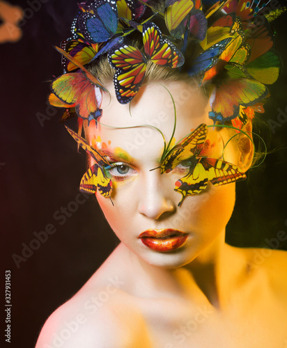 Wallpaper Mural woman with summer creative make up like fairy butterfly closeup bright colored background Torontodigital.ca