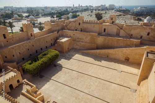Ribat Hartem Fortress is one of interesting sights in Monastir,Tunisia, North Africa. Top view of the Ribat fortess from the courtyard