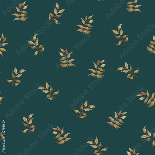 Seamless pattern with watercolor leaves on blue background. Floral seamless pattern. Botanical background. Use it for website, fabric, textile, cosmetics, invitation, weddings, postcards, packaging