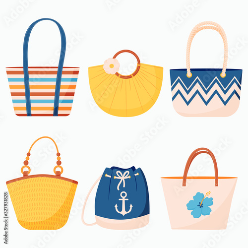 Summer set of beach bags and backpack with leather handles and rope in a flat style