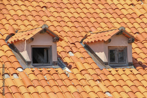 two windows in a yellow-orange roof