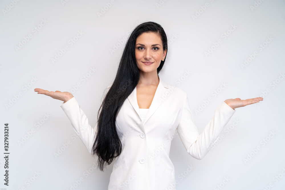 Happy woman presenting products with hand palm Happy woman presenting products with hand palm