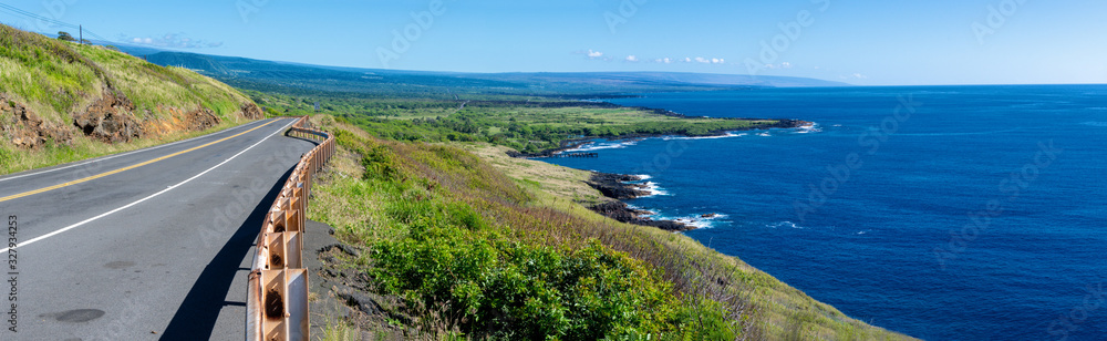 Panoramic view of a road along the south coastline of Big Island Hawaii