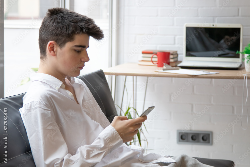 teenager or male student with mobile phone at home on the couch teenager or male student with mobile phone at home on the couch