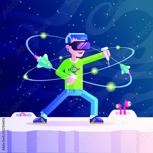 Boy playing VR virtual reality space game standing on an alien planet. Action pose flat vector style and neon colors