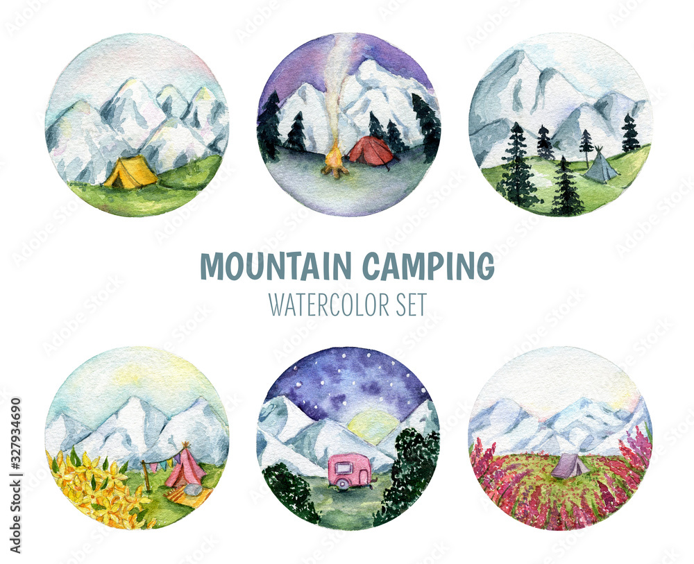Camping in the mountains. Watercolor set of landscapes in circle, with tent, forests and flowers. Mountain adventure.Traveling, mountaineering. The concept of outdoor activities. Adventure is waiting