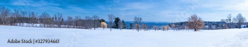 Panoramic view of a winter scene on the shore of Lake Champlain 