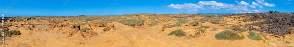 Panoramic view of green sand beach trail along the coastline in Big Island Hawaii