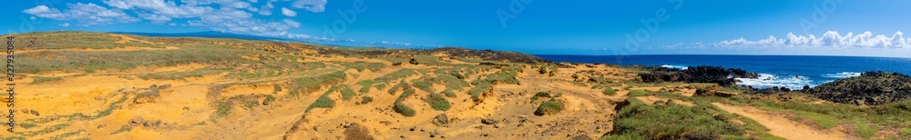 Panoramic view of green sand beach trail along the coastline in Big Island Hawaii