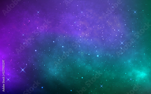 Space background with stardust and shining stars. Colorful cosmos with realistic galaxy and nebula. Starry wallpaper. Bright milky way. Vector illustration