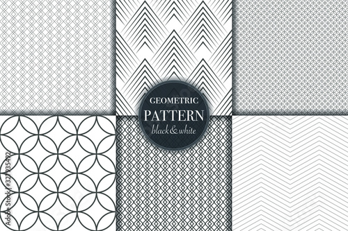 Set of 6 black white luxury geometric pattern background. Abstract line, dot retro style vector illustration for wallpaper, flyer, cover, design template. minimalistic ornament, backdrop.