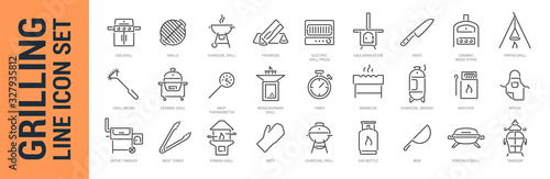 Grilling vector isolated line icon set. BBQ barbecue grill