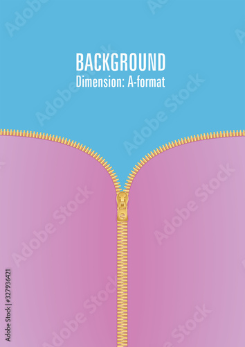 Vector illustration, zipper in gold, pink and purple gradient, blue one color. 