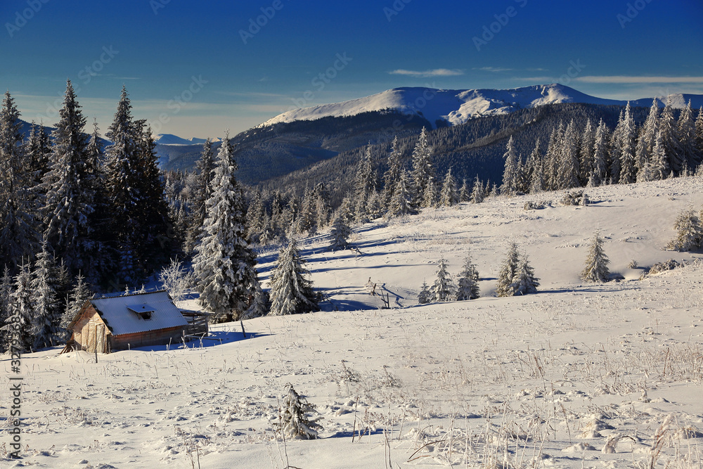 Fototapeta premium lonely shelter with mountains on background in winter