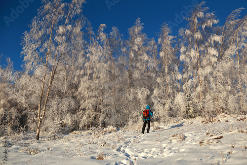  a man with backpack in the mountain forest in winter photo