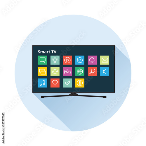 Smart TV icon in flat style. LED TV with colorful application buttons on display. Vector eps8 illustration.