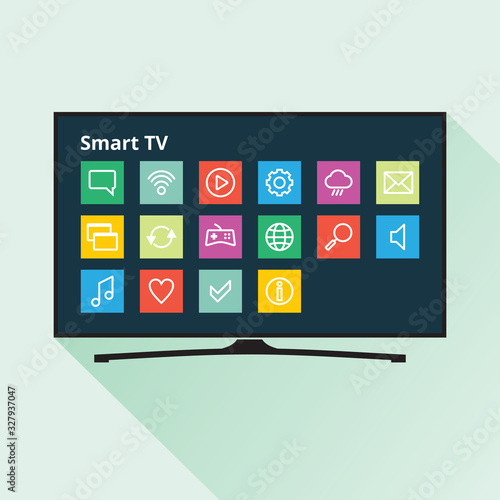 Smart TV icon in flat style. LED TV with colorful application buttons on display. Vector eps8 illustration.