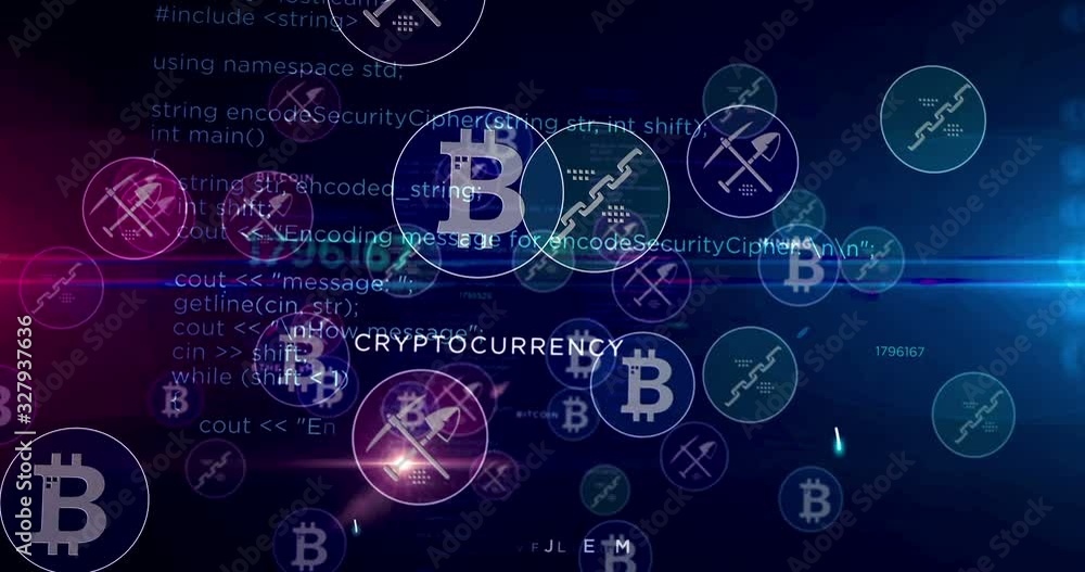Bitcoin, cyber banking, money, cryptocurrency mining, blockchain technology symbols 3d rendering abstract concept animation. Cyber icons loopable seamless futuristic digital background.