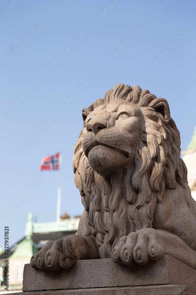 One of the two lion sculptures at the entrance plateau of the Norwegian Parliament in Oslo, which have given the name to Løvebakken (The Lion Hill).