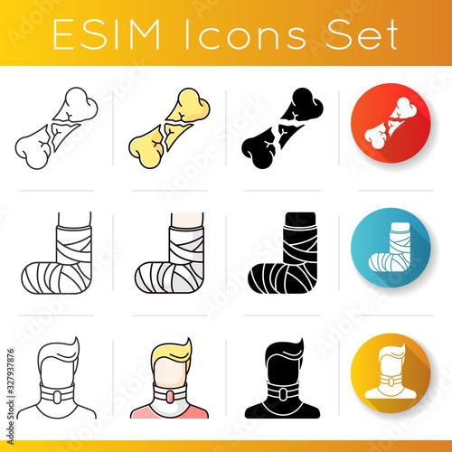 Limb and body injuries icons set. Broken foot. Bone fracture. Broken neck. Cervical collar. Linear, black and RGB color styles. Linear black and RGB color styles. Isolated vector illustrationss